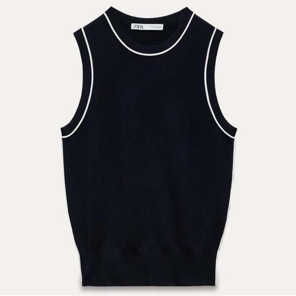Zara Basic Knit Top With Contrasting Piping In Navy Blue Size XL NWT
